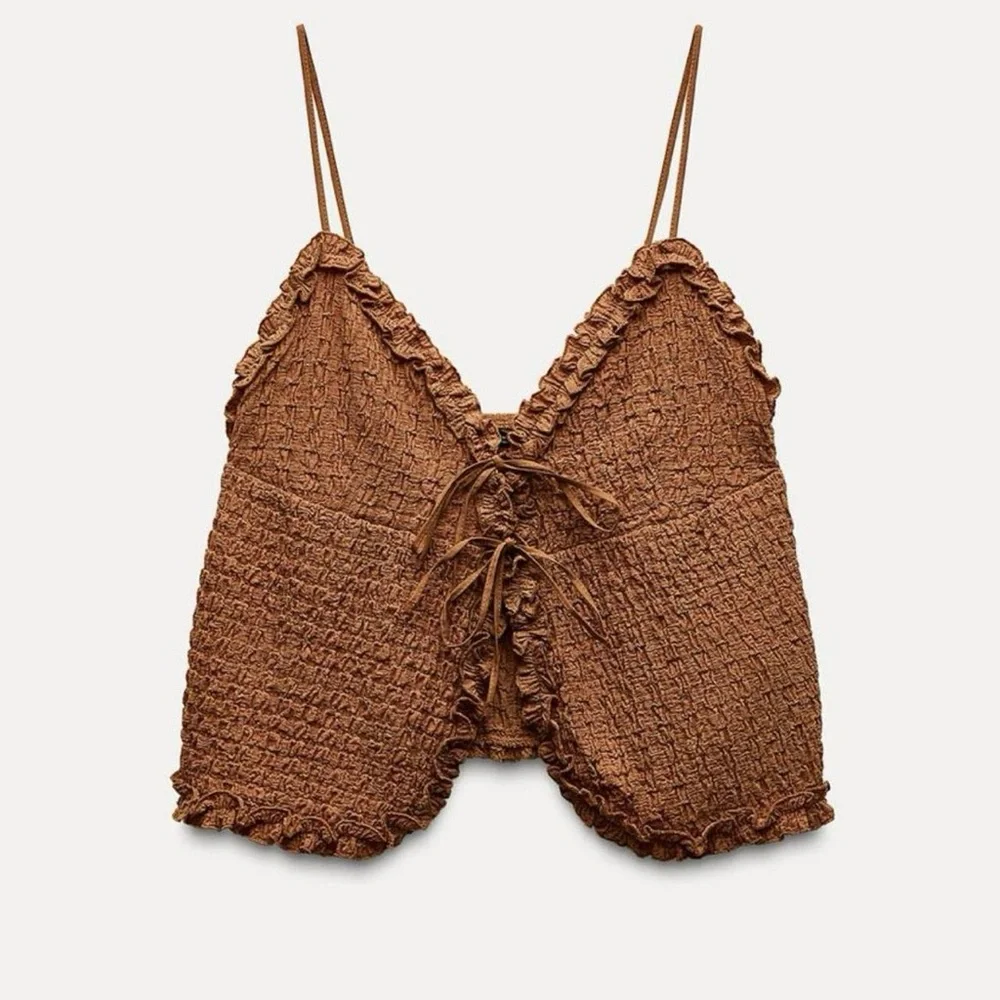 NWT Zara Ruffled Textured Tie Front Tank Top in Brown - M - Picture 3 of 8